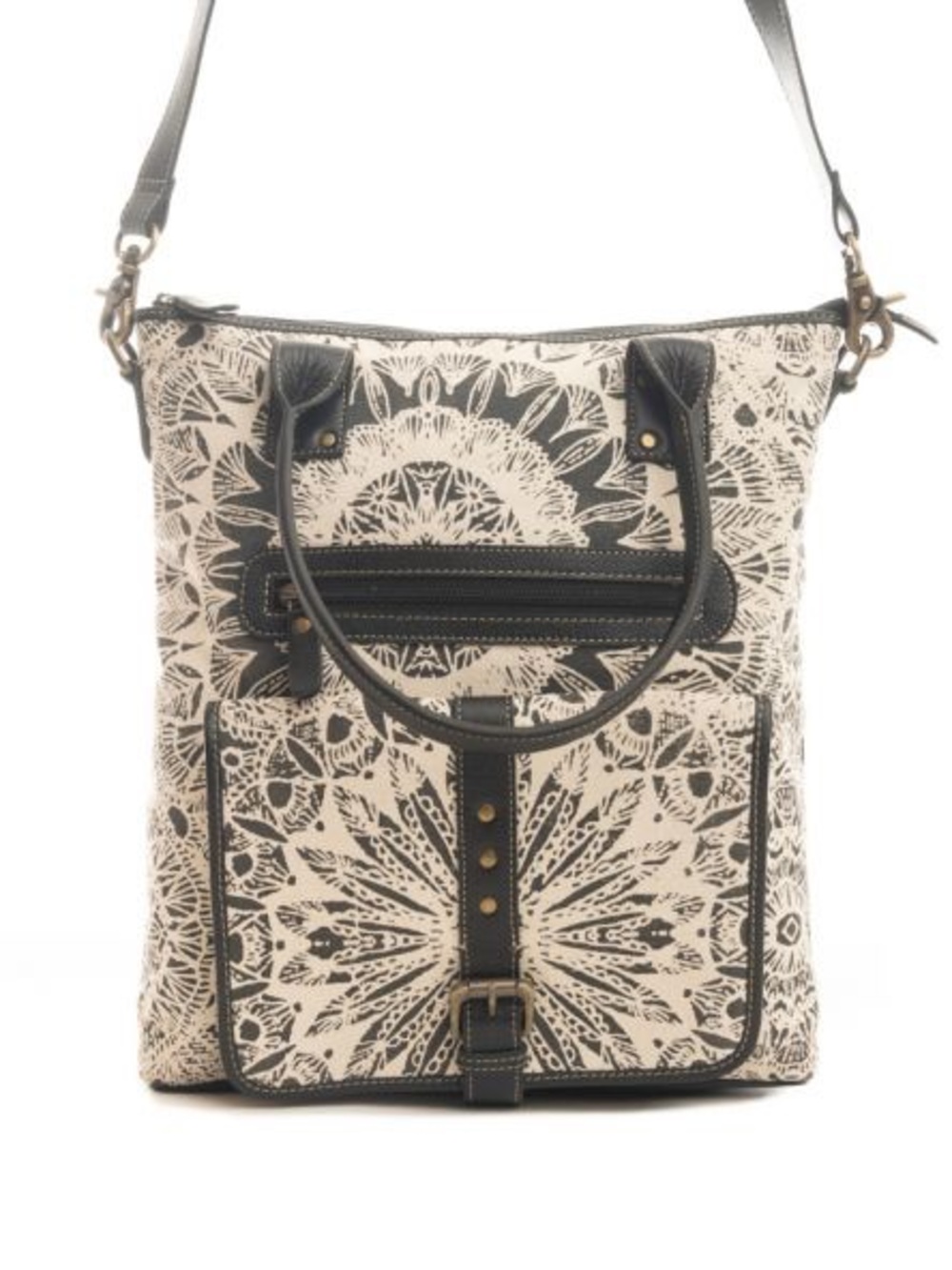 Canvas Floral Medallion Tote Bag in Black and Cream